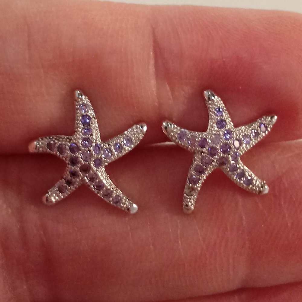 18K White Gold Filled Starfish Sea Life Purple Diamond Zircon Star Stud Earrings - Picture 6 of 6